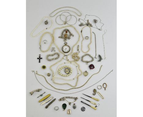 A group of vintage and modern costume jewellery, including two Albert chains and Tbar, a graduated silver chain and swivel fo
