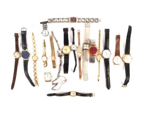 DKNY a lady's stainless steel wristwatch, with quartz movement mounted on a chain link bracelet , together with a red swatch 
