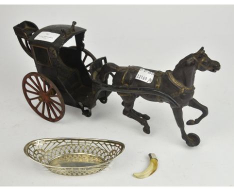 Cast iron model of a horse drawn Hansom cab, 16cm high x 34cm long, together with a silver pierced basket, Birmingham 1906, 1