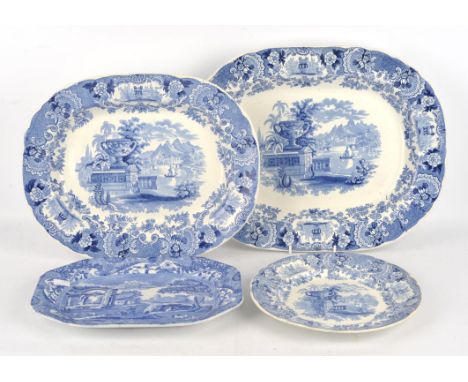 Part service of English pottery printed blue and white plates and platters, Warwick vase pattern, 19th Century, to comprise t