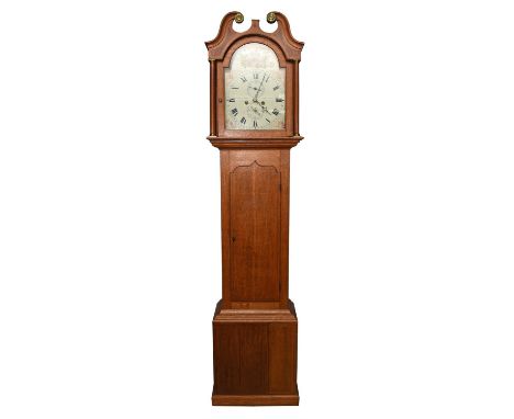 A Scottish oak longcase clock by James Will, Lawkirk, the hood with three brass ball finials, with swan neck pediment above a