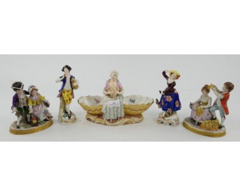 A Meissen porcelain salt cellar, modelled as woman holding a swan and flanked by a pair of floral painted shells, blue crosse