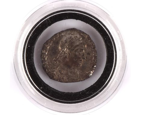 A Roman silver light miliarense of Gratian, obverse GRATIANVS P F AVG, reverse VIRTVS EXERCITVS, with TRPS in the exergue for