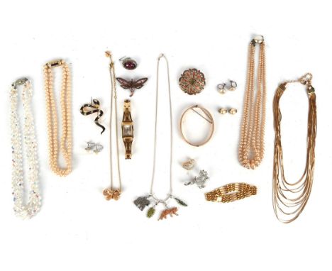Modern and vintage costume jewellery, including a lady's Guess watch with a stainless steel bracelet, a Swarovski butterfly p