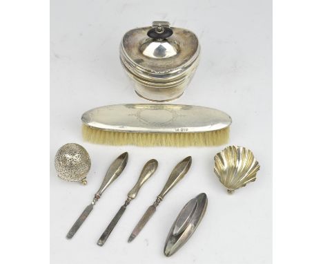 Silver tea caddy with hinged cover by Lee & Wigfull, Sheffield 1910, small silver shell dish, Sheffield 1896, silver backed c