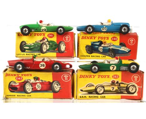 Four Dinky die-cast Racing cars comprising ; 240 Cooper racing car, 241 Lotus racing car, 242 Ferrari racing car and 243 B.R.