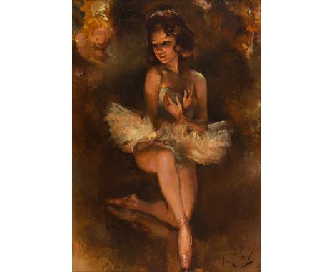 Robert van Cleef (French 1914-?), Sur Scene: study of a young ballerina, oil on canvas, signed lower right, inscribed verso, 