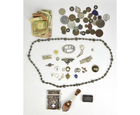 Mixed lot of bric-a-brac to include a quantity of Cumberland Jacks and other token, medallions, coins, bank notes, jewellery,