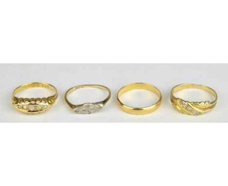 Four rings, including a five stone diamond ring, size M, a diamond twist ring, size N, a diamond panel ring, size K, all in 1