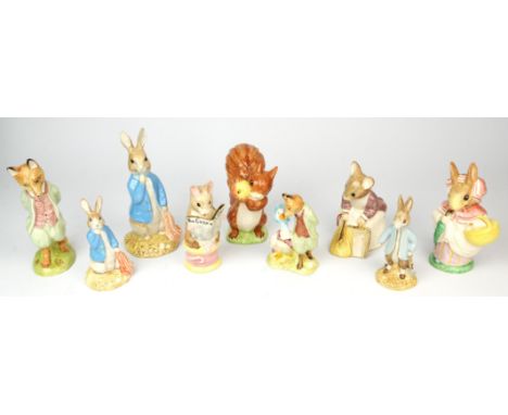 Nine Beswick porcelain Bunnykins figures comprising ; Foxy Whiskered Gentleman gold, Peter and Pocket Handkerchief (x2), Jemi