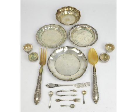 Three German 800 standard silver dishes, another 835 standard,two pairs of 800 standard salts with glass liners, pair of silv