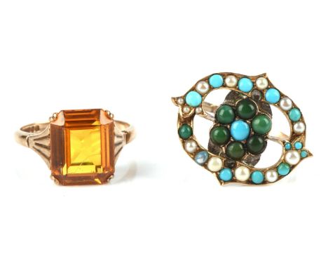 Two rings including an emerald cut citrine ring hallmarked 9 ct size N and a turquoise and seed pearl oval shaped ring, size 