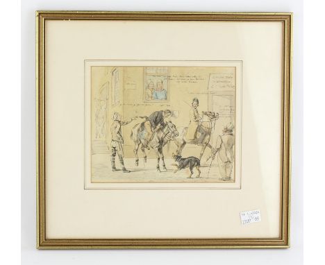 A group of three, including a hand coloured lithograph of a German scene with figures on horseback; a reproduction print afte