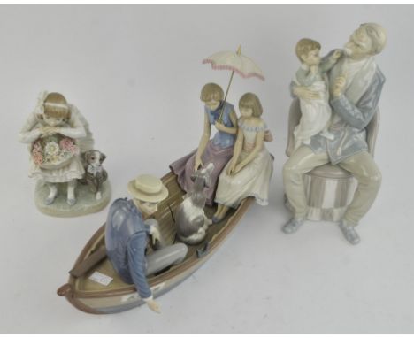Lladro figures, a rowing boat with figures and a dog, titled Amor, 25cm high, together with models of a Grandfather and child