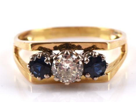 Vintage sapphire and diamond trilogy ring with split shoulders, central old cut diamond is estimated at 0.50 carats and total