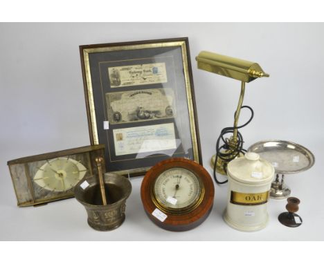 Various items to include a white pottery apothecaries jar and cover, marked Oak, 21cm high, together with a treen candle stic