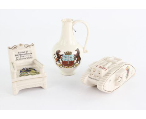 Large Collection of crested china, to include a HMLS tank, printed with the arms of the city of Guildford, a model of Mary Qu