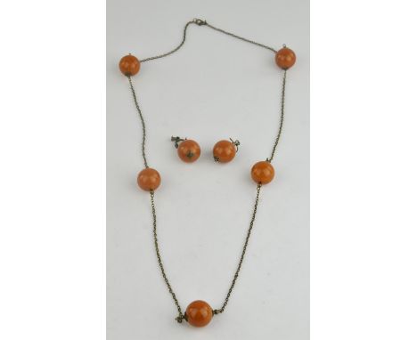 Vintage necklace and drop earring set, with orange resin bead detail, on base metal links 