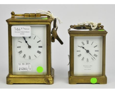 A brass carriage clock timepiece, the white enamel dial with Roman chapter ring, signed Bruford and Son, Eastbourne, 11cm hig
