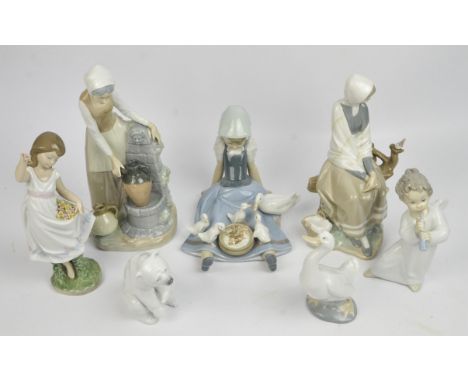 Collection of Lladro figures to include New Shepherdess. Model No 4576, Girl with saucepan and ducks, Model No 5074, The Deat