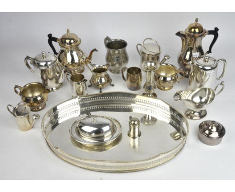 A quantity of mainly silver plated items including a watering can stamped Asprey Garrard, 14cm high, a four piece silver pkla