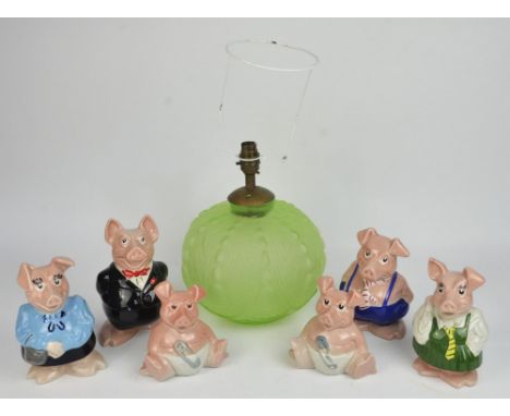 Unknown Designer, green moulded glass vase, converted to a lamp, 30cm high including fitting, with shade and a set of 5 Nat W