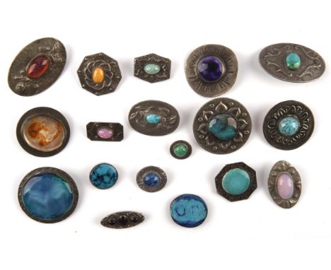 Arts & Crafts brooches Ruskin style, 17 in total all hand crafted some enamelled, opal simulant and glass decoration, mainly 