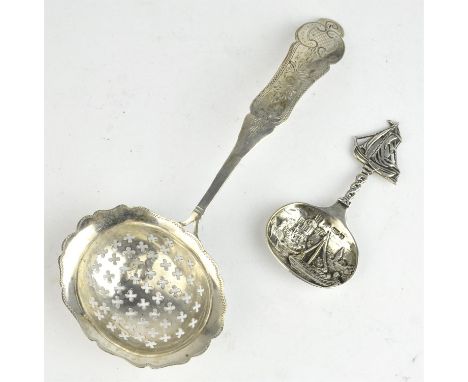 Dutch silver sifter ladle and a Dutch caddy spoon decorated with ship finial,