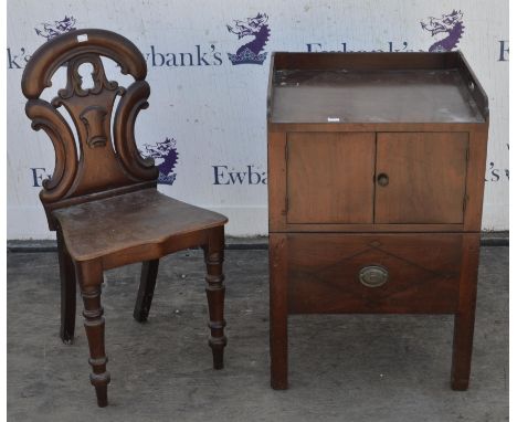 A George III mahogany tray top bedside commode, the pair of cupboard doors above a sliding commode section, H 78, W 51cm, D 4