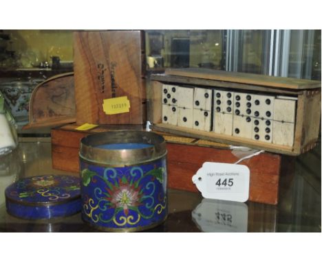 A late 19th century cribbage board, complete with markers and cards, together with an olivewood box, dominoes and a cloisonne
