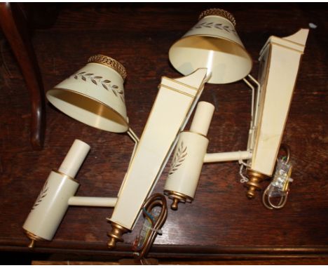 A pair of brand new Vaughan Regency style wall lights with painted toleware shades together with a wrought iron two branch wa