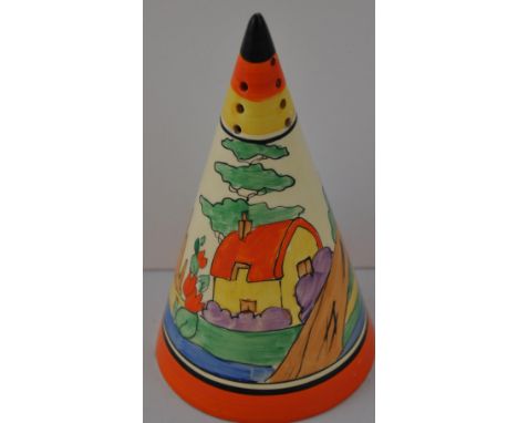 A Clarice Cliff 'Orange Roof Cottage' pattern conical sugar shaker, circa 1933, with black facsimle mark to base, H. 14.5cm. 