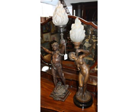 A bronze figural tablelamp, Primax, after Moreau, with opaque glass shade, H. 98cm; together with a similar table lamp of a s