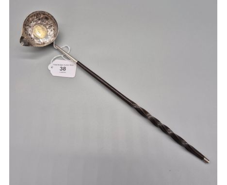 Antique Georgian silver Toddy Ladle fitted with a George II Coin. Fitted with a whale bone handle. Coin dated 1736. [36cm len