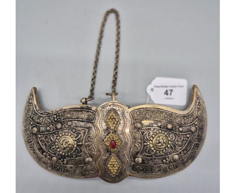 Antique Silver plated Ottoman belt buckle. Raised ornate design Stamped with Marking "R-I" in various areas. 