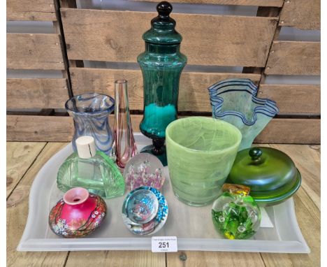 A tray of art glass; loetz preserve dish-[small chip to inside], handkerchief vase, Olio glass vase &amp; Caithness paperweig