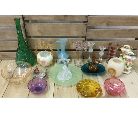 A collection of art glass &amp; crystal thistle pattern candle sticks; art glass epergne, cranberry glass bowl &amp; art glas