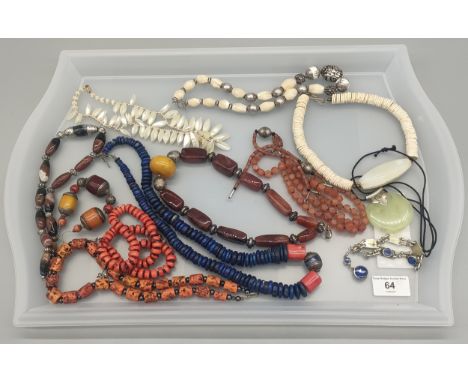 Tray of vintage bead necklaces; red/ orange coral necklace, Amber and coral bead necklace, Silver and agate necklace, Mother 
