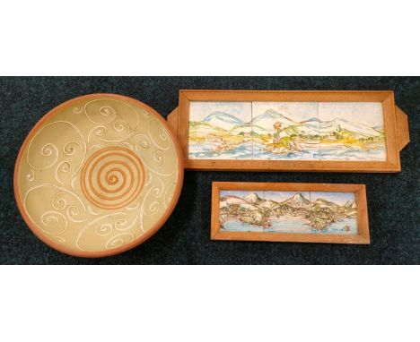 A Denby studio pottery bowl along with two hand painted tile trays depicting Gair loch 