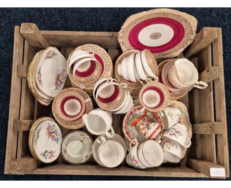 A crate of tea wares; Paragon red and gilt tea service. 