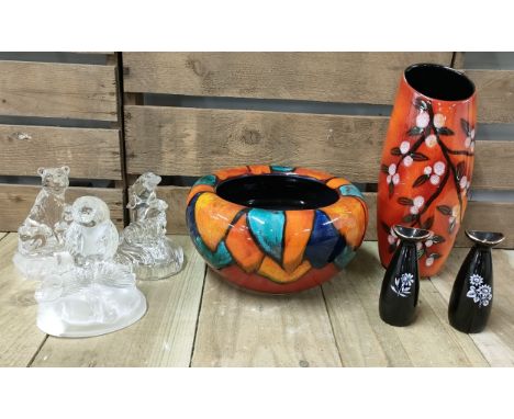 A selection of collectables; Poole pottery vase &amp; bowl [vase maker Andrew Tanner] three glass animal studys lions, dolphi