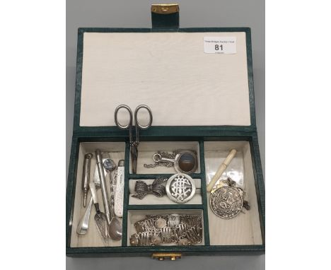 Vintage leather jewel box and jewellery; Silver and agate pendant with chain, French silver and marcasite ribbon brooch, Vict