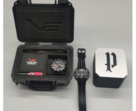 Boxed Vostok Europe Mriya AN-225 Gents watch, comes with fitted box, manuals, leather strap and fixing tool. Together with a 