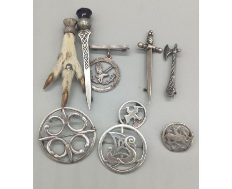 A Collection of silver jewellery; Robert Allison Edinburgh silver thistle design dagger brooch, Ola Gorie Edinburgh silver or