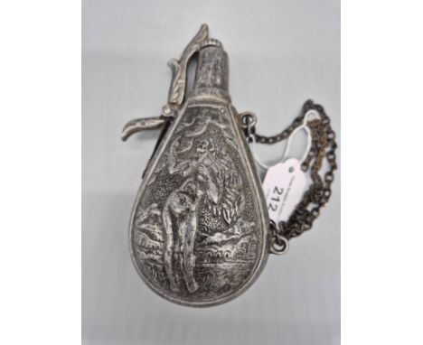 A German pewter gun powder flask- depicts nude lady scene. [17cm] 