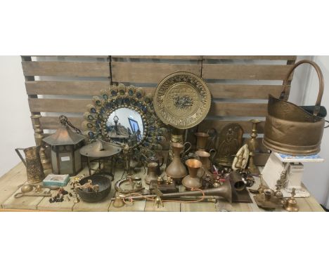 A selection of metal ware; copper jugs, brass coal scuttle, kitchen scales, arts and crafts porch light shades and many more 