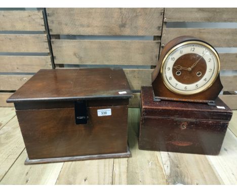 Two 20th century mahogany document boxes along with British made Smiths two hole mantle clock 