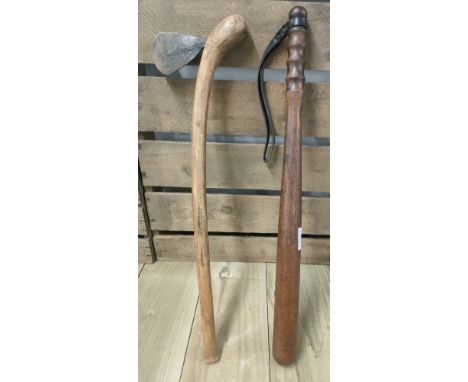 African Tribal Wood and Steel War Axe Possibly Chokwe along with A Large police truncheon with leather attachment [59cm] 