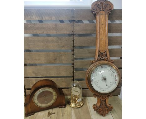 German Kein brass dome glass clock along with British three hole mantle clock &amp; An Oak wall barometer 