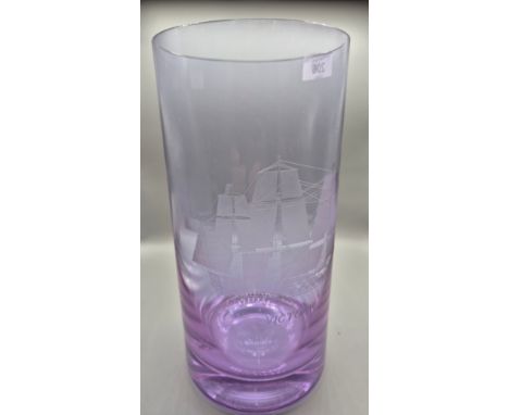 A Caithness 1/1 vase apprentice piece, engraved "Victory" depicting a Galleon ship by Keith budge with documentation [28cm] 